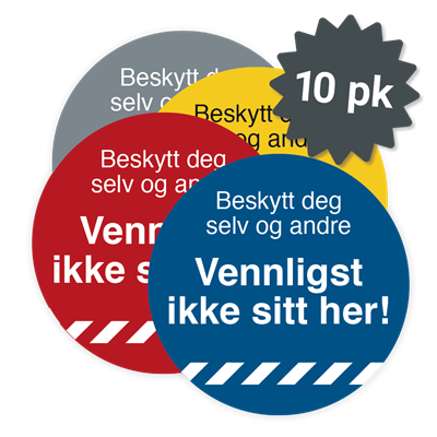 10 pk. med "Vennligst ikke sitt her"-klistremerker i Ø100 mm i flere farger. Rask levering fra JO Safety Norge. 